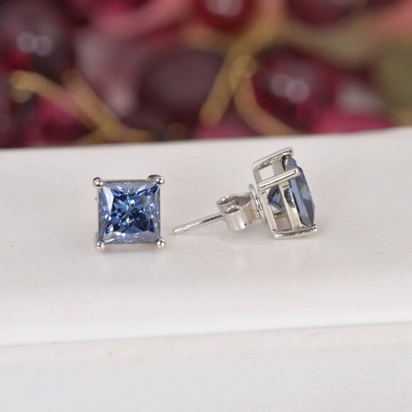 Certified Moissanite 4.0 ctw Princess Cut Royal Blue Stud Earrings 925 Sterling - Picture 2 of 5
